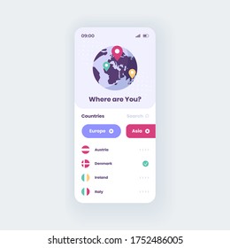 Global navigation smartphone interface vector template. Mobile app page white design layout. Geopositioning pointer screen. Flat UI for application. GPS marker on globe. Phone display