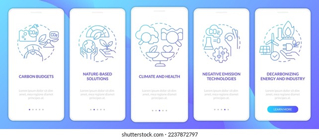 Global net zero goals blue gradient onboarding mobile app screen. Carbon walkthrough 5 steps graphic instructions with linear concepts. UI, UX, GUI template. Myriad Pro-Bold, Regular fonts used