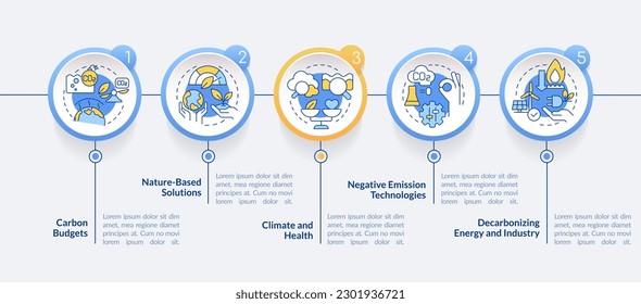 Global net zero goals circle infographic template. Carbon removal. Data visualization with 5 steps. Editable timeline info chart. Workflow layout with line icons. Lato-Bold, Regular fonts used