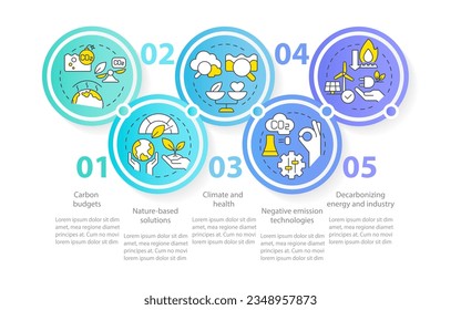 Global net zero goals circle infographic template. Carbon removal. Data visualization with 5 steps. Editable timeline info chart. Workflow layout with line icons. Myriad Pro-Regular font used