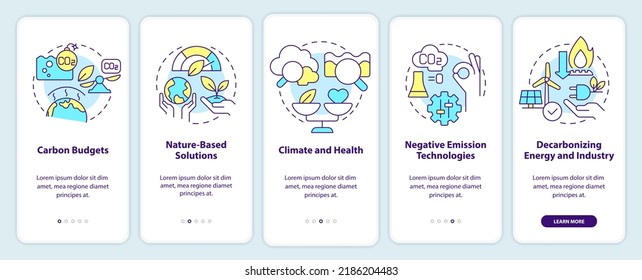 Global net zero goals onboarding mobile app screen. Carbon removal walkthrough 5 steps editable graphic instructions with linear concepts. UI, UX, GUI template. Myriad Pro-Bold, Regular fonts used
