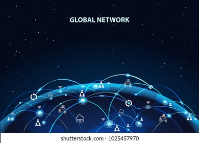 Global network background. World map with coherent nodes along the lines. Icon Communications. social network. information technology.