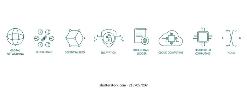 red global, Blockchain, descentralizada, encriptada, blockchain book, computación en nube, computación distribuida, vector conjunto de iconos de línea de nodo 