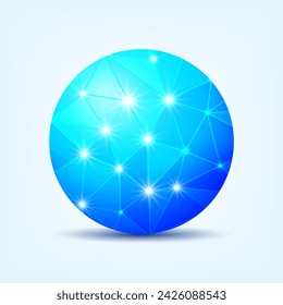 Red global e ilustración vectorial de bola geométrica de tecnología azul. Concepto de alta tecnología con la esfera azul poligonal. Vector.