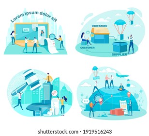 Global Network Business, Auctions and Commercial Tenders Set. Online Company Transactions Conclusion and Mercantile Offers Developing. Business People Cartoon Characters. Flat Vector Illustration.