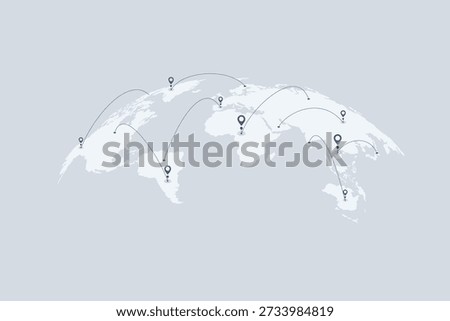 Global network or business with pin locations on a world map, representing worldwide presence, international connections, and global reach.