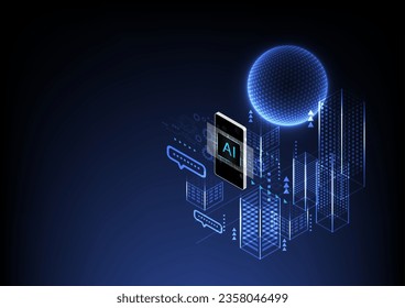 Global network, global business and technology. Artificial intelligence smart city. World tech connect. Blue background technology vector. Real estate