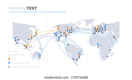 global network cable connections and information transfer system world map technology internet connection telecommunications concept infographic horizontal copy space vector illustration