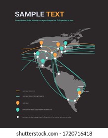 conexiones globales de cable de red y sistema de transferencia de información tecnología cartográfica mundial conexión a Internet concepto de telecomunicaciones copia vertical infográfica ilustración vectorial