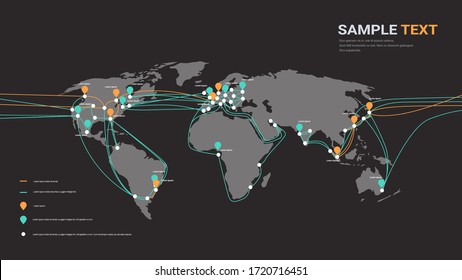 global network cable connections and information transfer system world map technology internet connection telecommunications concept infographic horizontal copy space vector illustration