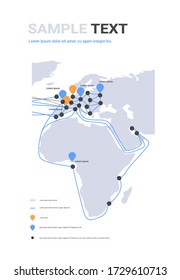 global network cable connections and information transfer system world map technology internet connection telecommunications concept infographic vertical copy space vector illustration