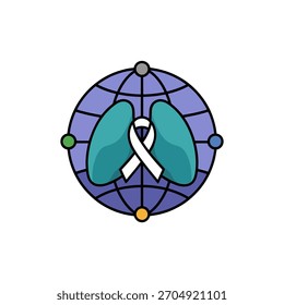 global network circle, lungs with ribbon inside, research collaboration, lung cancer awareness, community support, colorful vector icon