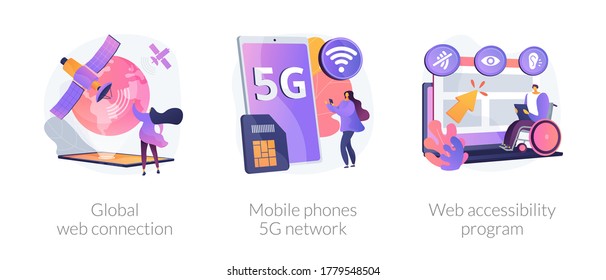 Global network communication abstract concept vector illustration set. Global web connection, mobile phones 5G network, web accessibility program, satellite, GPS technology internet abstract metaphor.