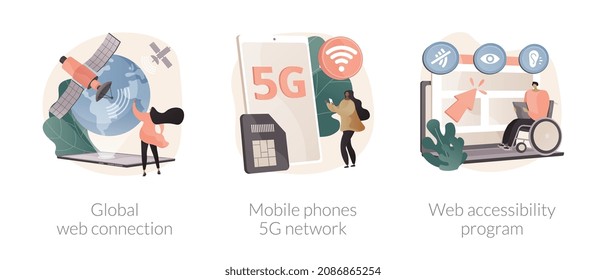 Abstraktes Konzept für die globale Netzwerkkommunikation, Vektorgrafik-Set. Globale Web-Verbindung, Mobiltelefone 5G-Netzwerk, Web-Barrierefreiheit Programm, Satellit, GPS-Technologie Internet abstrakte Metapher.