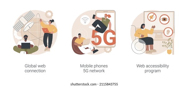 Global network communication abstract concept vector illustration set. Global web connection, mobile phones 5G network, web accessibility program, satellite, GPS technology internet abstract metaphor.