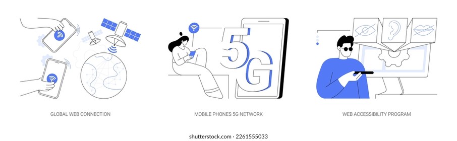 Global network communication abstract concept vector illustration set. Global web connection, mobile phones 5G network, web accessibility program, satellite, GPS technology internet abstract metaphor.