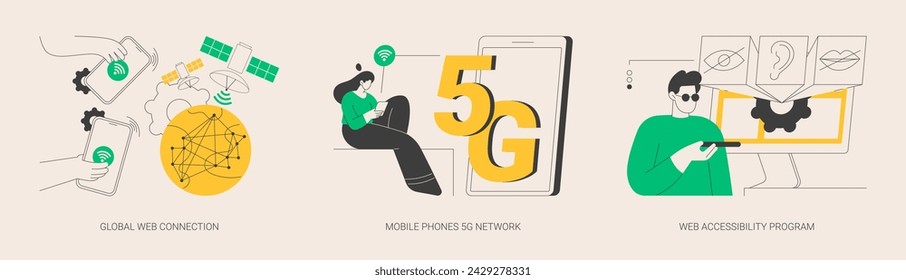 Global network communication abstract concept vector illustration set. Global web connection, mobile phones 5G network, web accessibility program, satellite, GPS technology internet abstract metaphor.