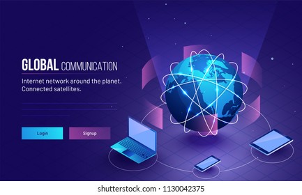 Global network or Communication concept based responsive landing page design with 3D illustration of earth planet connected with three digital device.