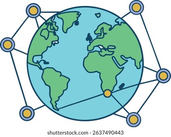 Global network communication concept with Earth and connection points in flat vector design. Perfect for tech, internet, and world connectivity themes. Clean illustration for digital use.