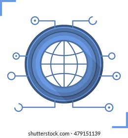 Global network communication icon. Flat design long shadow symbol. Globe in microchip pathways. Vector silhouette symbol