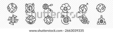 Global Network and Communication Icons – Internet, Cloud, Connection, Worldwide Sharing, icon collection showing global networking, international communication, cloud connection, earth map, worldwide