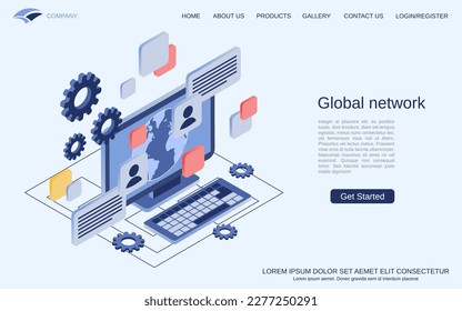 Global network, communications, digital world, cyberspace flat 3d isometric vector concept illustration
