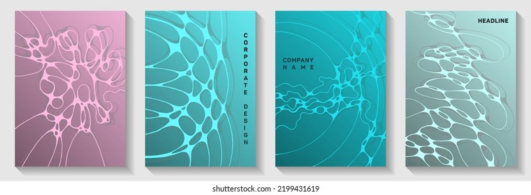 Global network concept abstract vector covers. Complex curve lines grid backgrounds. Subtle notebook vector templates. Science fiction cover pages graphic design set.