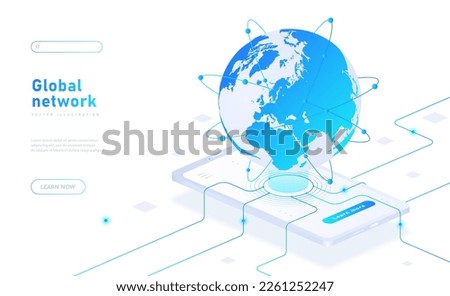 Global network concept. Communication and interaction on Internet, social media and instant messengers. Globe over smartphone screen. Online conversation. Cartoon isometric vector illustration
