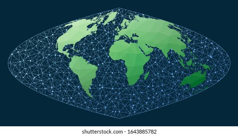 Global network concept. Craster projection. Green low poly world map with network background. Radiant connections map for infographics or presentation. Vector illustration.