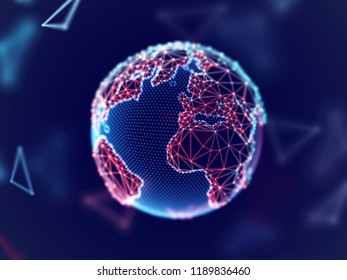 Global network concept: digital planet Earth with connection lines. Visualization of digital business technology. Planet in cyber space. World globalization. Soft blur, eps 10 vector illustration.