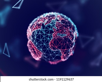 Global network concept: digital planet Earth with connection lines. Visualization of digital business technology. Planet in cyber space. World globalization. Soft blur, eps 10 vector illustration.