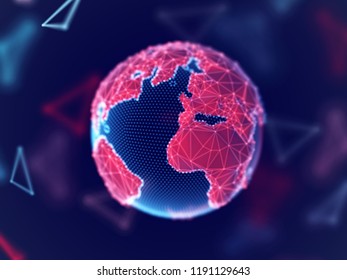 Global network concept: digital planet Earth with connection lines. Visualization of digital business technology. Planet in cyber space. World globalization. Soft blur, eps 10 vector illustration.