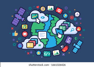 Global Network Concept Illustration. Internet, web and digital technology. Internet traffic. Servers are working for websites and page landing, social networks and online applications. Vector