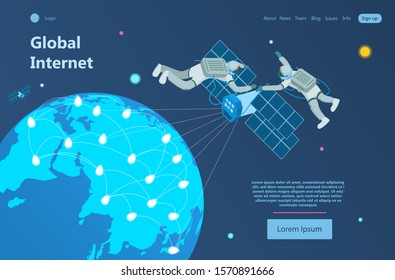 Global network concept. Global Internet access and information sharing. With the help of satellites and new technologies covering the planet. Landing page web design. 3d Isometric Vector Illustration