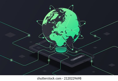 Global network concept. Internet metaphor, modern technologies and digital world. Abstract image, fast data transfer. Globalization and international communication. Isometric vector illustration