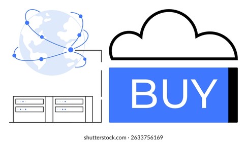 Global network connected to servers and cloud with large blue BUY button. Ideal for e-commerce, technology, cloud computing, global connectivity, server management, online shopping, and digital