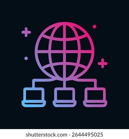 Global network connecting multiple computers. Icon symbol illustration