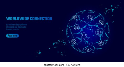 Global network connection 5G internet high speed rate. World point line worldwide information technology data exchange business. Planet Earth blue space low poly polygonal render vector Illustration