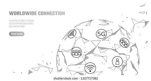 Global network connection 5G internet high speed rate. World point line worldwide information technology data exchange business. Planet Earth space low poly polygonal render vector Illustration