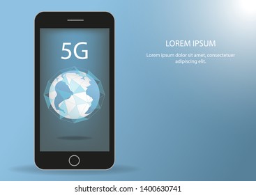 Global network connection 5G internet high speed rate. World point line worldwide information technology data exchange business. Planet Earth blue space low poly. Two telephones in flat style.