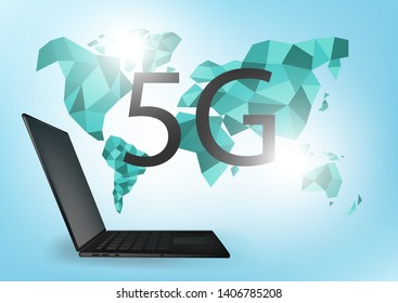 Global network connection 5G internet high speed rate. World point line worldwide information technology data exchange business. Planet Earth blue space low poly. Realistic laptop.