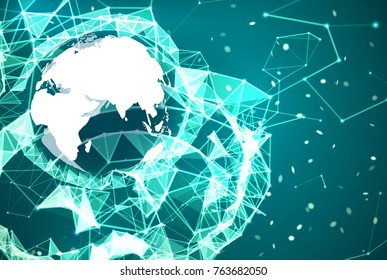Global network connection background. Blue and cyan technology backdrop. Telecommunication broadcast concept. Glowing plexus structure with Earth planet and particles. Abstract vector illustration.
