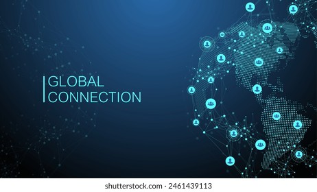 Plantilla de diseño de Anuncio de conexión de red global. Encabezamiento de la comunicación de redes sociales en el concepto de negocio global. Visualización de macrodatos. Tecnología de Internet.