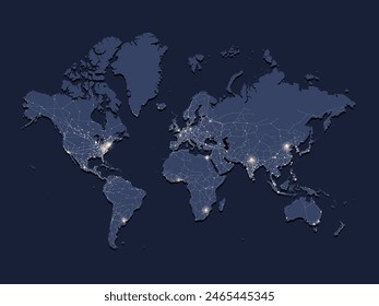 Conexión de red global. Análisis de Big Data y concepto de negocio, tecnología de conexión digital de punto y línea de mapamundi, comercio electrónico, red social, población. Concepto de conjunto geopolítico.