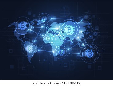 Global network connection. Bitcoin Crypto Currency Blockchain Technology. World map point composition concept of global business. Vector Illustration