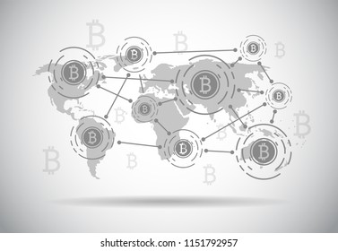 Global network connection. Bitcoin Crypto Currency Blockchain Technology. World map point composition concept of global business. Vector Illustration