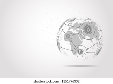Global network connection. Bitcoin Crypto Currency Blockchain Technology. World map point composition concept of global business. Vector Illustration