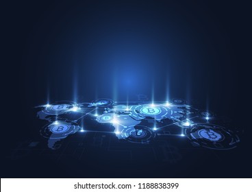 Global network connection. Bitcoin Crypto Currency Blockchain Technology. World map point composition concept of global business. Vector Illustration