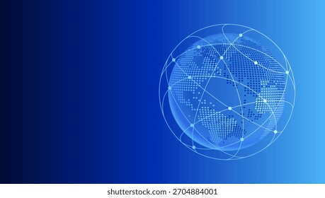 Conexión de red global Concepto azul. Big data o visualización de comunicación de redes sociales sobre fondo azul. Mapa punteado del mundo y Mapa mundial Globo con conexiones de ciudad.