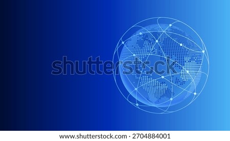 Global network connection Blue concept. Big data or Social network communication visualization on blue background. Dotted Map of the World and World Map Globe with city connections.